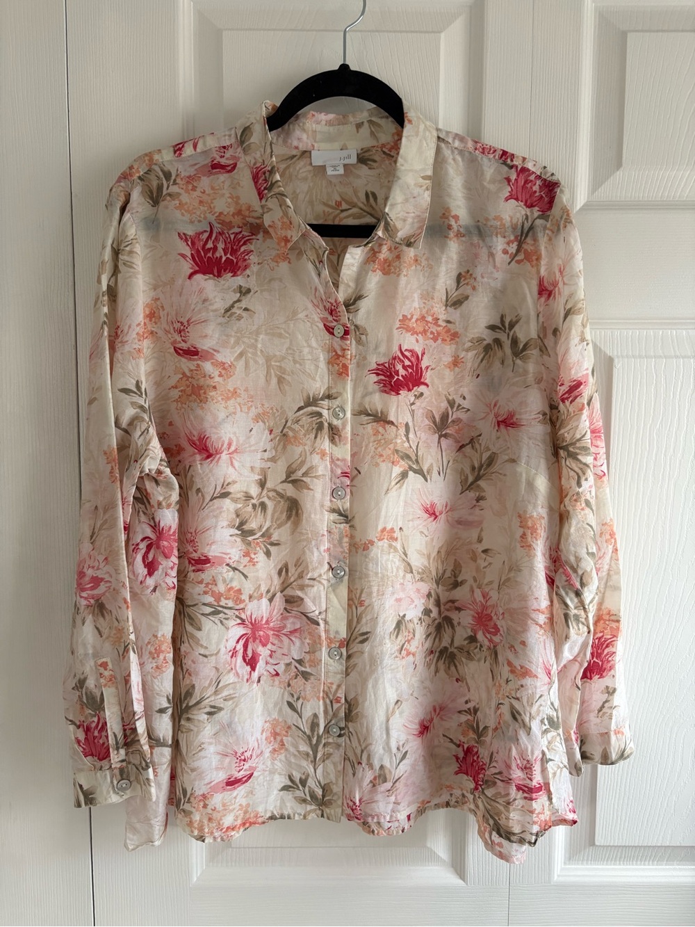 J Jill Floral Silk Blend Pearl Button Tan Shirt Blouse Top XLP Career Academia